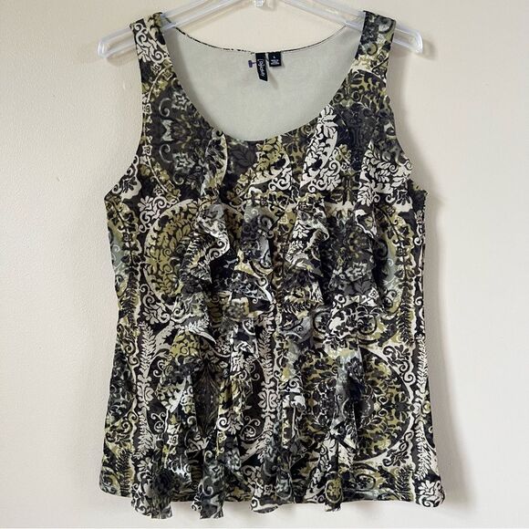 VTG Y2K Relativity Ruffle Floral Black Green Patterned Sleeveless Top Size L - Picture 1 of 7